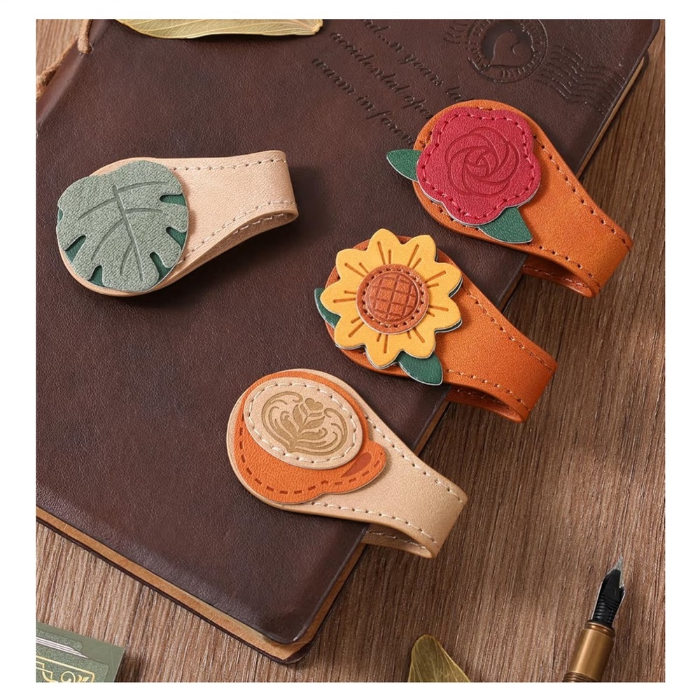Magnetic Leather Bookmarks Vintage Style Set of 2 SunflowerPine Leaf Latte Rose - Picture 3 of 5
